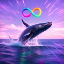 infinity symbol ∞ with vibrant powerful whale jumping out of the sea, striking, neon, chiaroscuro, dramatic, captivating, powerful, fantasy, beautiful, octane render, 16k post-production, artstation: award-winning: atmospheric: commanding: fantastical: clarity: ultra quality: striking: brilliance: stunning colors: amazing depth; lens: f/11, 35mm