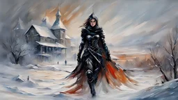 a warrior woman in black armor on the background of a cold snow-covered country, ice and crystal, frost and snow, oil and pastel, by Leonid Afremov & Atelier Olschinsky & Anna Razumovskaya