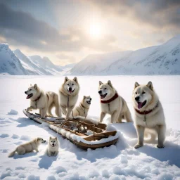 Create an image of sledge dogs that drag a sled in the snowy expanses of Alaska on which sit four Eskimo children dressed in white bear fur coats, the sled makes deep tracks in the snow, in the background of his circle in front of which stands an Eskimo hunter with a catch of fish, afternoon photo, outdoor photo, photo Realistic, 18K, wide lens