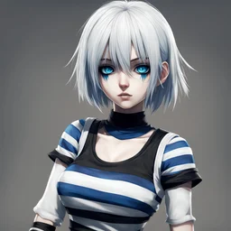 2B from Nier with blue, white and black striped t-shirt