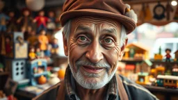 elderly male market trader selling all kinds of traditional children's toys, dolls, toy trains, toy cars, dolls house, toy buildings, games, puzzles, head and upper body, perfect eyes, happy, exquisite composition, beautiful detailed intricate insanely detailed octane render, 8k artistic photography, photorealistic concept art, soft natural volumetric cinematic perfect light, chiaroscuro, award-winning photograph, masterpiece, raphael, caravaggio, greg rutkowski, bouguereau