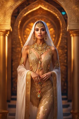 Gorgeous photography full body Beautiful super model middle East woman dressing Lady Angel colorful art conceptual, amazing artwork, hyper detailed, ultra maximalist quality, 12k , close-up portrait,crystal ornaments background, golden hour