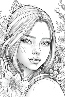 Generate a colouring pages of the face of a cute girl with flowers along with some pencil sketch marks with white bachground