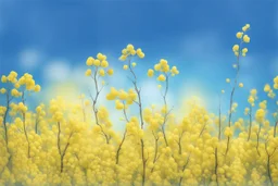 blue sky for top half, across Middle is canola flowers with canola stems branches and leaves below, realistic