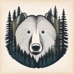 M shaped bear head surrounded with lots of woods silhouette in background, letterpress style, minimalistic pencil art