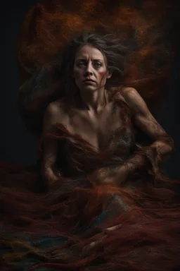 Bound and thrown to the floor, a woman exudes vulnerability in a fantastical setting. Her tattered gown clings to her bruised skin, hair tangled and wild. The scene is depicted in a stunning photo, showcasing intricate details and vivid colors. it captures the desperation and strength in her eyes, making the viewer feel the intensity of her situation. This masterful image blends beauty with turmoil, immersing the audience in a powerful narrative.