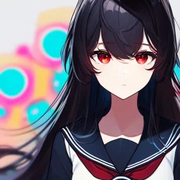 Clear focus, High resolution, long black fluffy hair, red eyes, chopped bangs, wearing a sailor uniform, wearing a sailor skirt, colorful, hollywood, female, no outlines, extreme close up, rough line sketch