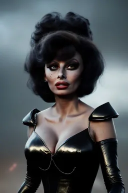 young sophia loren as evil queen in black leather, angry, stern look, volumetric lighting, particales,highly detailed,cinematic, deep colours,8