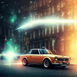 fiat 125p, city. high speed. bokeh. lens flare. warm lights. high detailed