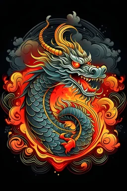 美丽威武雄状的中国青龙，背景为离卦带火图案