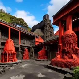 A red frantic volcanic factory with furnaces designed in Maori sculptures