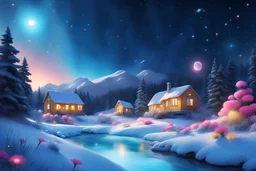 magnifique paysage de neige, au premier plan massifs de fleurs lumineuses roses et jaunes, étincelles de lumières blanches , maisons réalistes de bois jaunes et bleues, lucioles , rivière turquoise, ambiance réaliste, 4K, ciel bleu avec une petite planète et des étoiles, étincelles de lumière, en premier plan un sapin bleu, , étincelles de lumières lucioles, ciel bleu avec étoiles scintillantes, une petite planète et galaxies
