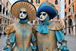 venice in a carnival picture 3, in the style of fantastical compositions, colorful, eye-catching compositions, symmetrical arrangements, navy and aquamarine, distinctive noses, gothic references, spiral group