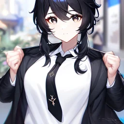 Clear focus, High resolution, short black hair, black eyes, wearing a black jacket and a white shirt, wearing a black skirt, 1girl, Genshin impact, long locks, long eyelashes, black tie