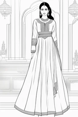 Coloring page for adults of a elegant fashion model woman wearing hindi dress, dynamic poses, full body portrait, thick and clean lines, clean details, no-color, no-turban, no-background, non color, non shading, no-grayscale, dynamic poses, full body portrait, thick and clean lines, clean details, no-color, no-turban, , non background, non color, non shading, no-grayscale, no color hair