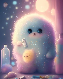 sweet cute fuzzy soft and fluffy hairy monster with big sparkly eyes in the room with thermometer. He is sick and has temperature. Baby pastel colours. Flowers and bubbles in background. Sparkles, sun and fireflies around. Bottles of medicines. Pills.