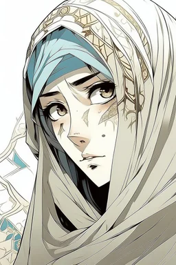 "Draw, in the style of a manhwa, a woman character wearing traditional Arab clothing with an injured eye one eye covered