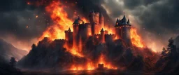 Hyper realistic wild fire burning the castle giving it a haunted view with raining fireballs at night between mountain