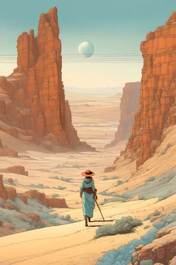 create a surreal, enigmatic, otherworldly, nomadic shepherdess inhabiting an ethereal desert canyon land in the comic book style of Jean Giraud Moebius, David Hoskins, and Enki Bilal, precisely drawn, inked, and colored