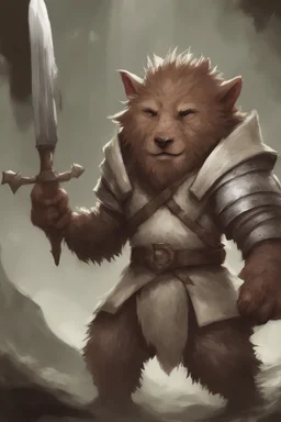 Dnd a young bugbear with white fur and leather armor