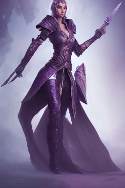 girl in futuristic ninja armor, cloak, two swords, glowing purple armor, fighting pose