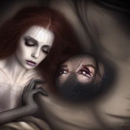 beautiful dead woman with spiderwebs on face lying on satin pillow, 8k, high-quality, fine-detail, intricate, sharp, crisp, digital art, detailed matte, illustration, octane render, brian froud, howard lyon, Anne Dittman, Anne Stokes, Lisa Parker, Selina French