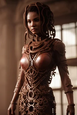 Photoreal gorgeous shot of a woman with dress made of gears ancient, darkred slime, 8k, high detail, smooth render, unreal engine 5, cinema 4d, HDR, dust effect, vivid colors