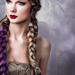 viking queen with purple armor, delicate purple braided hair, white flowing dress, highly detailed, 8k, ambient light, taylor swift