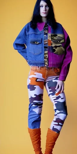 Model, woman. sérigraphie on denim with orange,terracotta, cream and purple colors. Camouflage patterns are screen printed on denim. Brunette woman in her 30's. thick thighs, thick calves, flat belly, wide hip. Mantle is sewed of recycled Denim and sewed together of camouflage pieces. . It is with big bright purple felt tippet and cream-colored-hood. mantle is merged with satchel. . AKG-style headphones (gold rings!) is merged with small felt cap with small visor. Style: Haute Couture in 1936