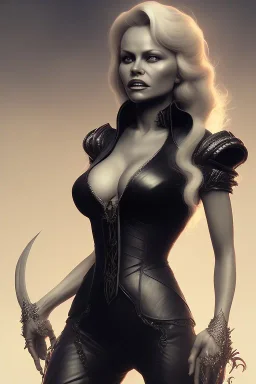 Pamela Anderson as evil queen in black leather, leather, busty, cleavage, angry, stern look. character design by cory loftis, fenghua zhong, ryohei hase, ismail inceoglu and ruan jia. unreal engine 5, artistic lighting, highly detailed, photorealistic, fantasy