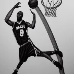 Realistic, drawing, black and white, basketball player, slam dunk