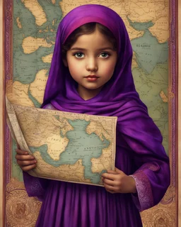 Artistic red purple little palestinian girl Holds a map of Palestine , PRINT medieval style