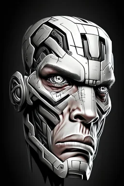 face of cyborg seen from the side in 3d with bad expression drawn style