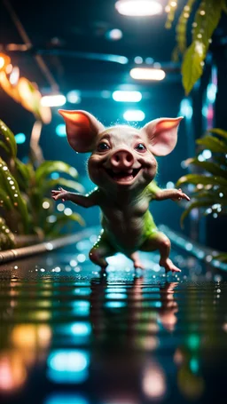 alien pig gremlin in water slide in the middle of crazy dance moves dancing on buss parked in dark lit reflective wet jungle hall tunnel,bokeh like f/0.8, tilt-shift lens 8k, high detail, smooth render, down-light, unreal engine, prize winning