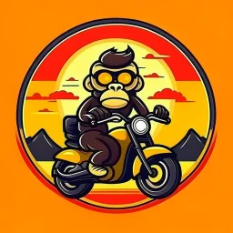 Monkey riding a scooter motorcycle with sunglasses and a big smile, have a mountain sunset on the background, make a round logo