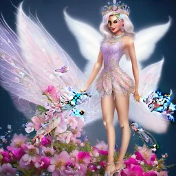 fantasy fairy with transparent wings, smiling, make up, long platinum blond hair with crown and flowers, pink dress