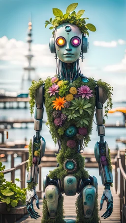 a full body portrait of a vegan hippie cybernetic robot made of living plants in all colors, and having a sentient look in its eyes, like a buddha, on the pier