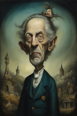 A hauntingly bizarre caricature portrait of a man, in the style of a surreal painting by Bosch Madona