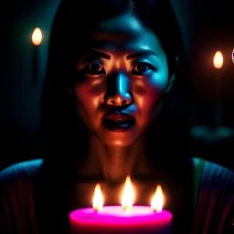 asian horror woman birthday, motion blur, 8k, downlight, soft light, depth of field, photorealism, trending on art station, lotsa detail