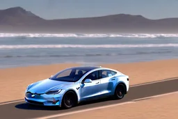 A Tesla 'Model S' is going at a high speed, at the 'Santa Monica State Beach' in California. (CINEMATIC, WIDE ANGLE LENS, PHOTO REAL)