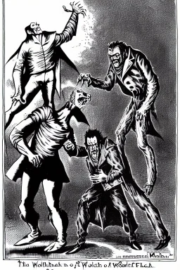 Frankenstein monster and the wolfman fighting each other as Dracula stands by and watches