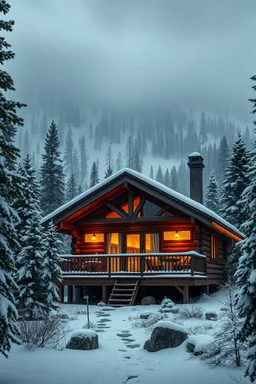 Ultra realistic photo of a cozy luxury cabin deep in the wilderness, surrounded by pine forests and snowy mountains, warm lights glowing from inside, rustic wooden architecture combined with modern design, cinematic winter atmosphere, highly detailed environment, HOF, full size, (((realism, realphoto, landscape photography, professional photographer, captured with professional DSLR camera, 64k, photorealistic, ultra detailed, masterpiece)))