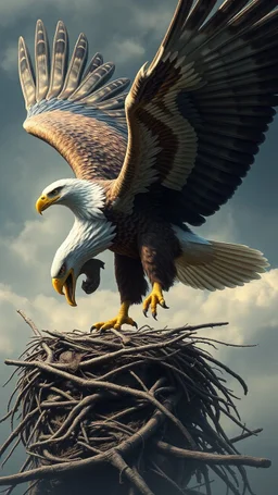 A huge eagle carrying a man and bring him to his nest