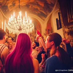 Party in a castle, cheering people, Austrian aesthetic, warm colors, 8k, HD, cinematography, photorealistic, Cinematic, Color Grading, Ultra-Wide Angle, Depth of Field, hyper-detailed, beautifully color-coded, insane details, intricate details, beautifully color graded, Cinematic, Color Grading, Editorial Photography, Depth of Field, DOF, Tilt Blur, White Balance, 32k, Super-Resolution, Megapixel, ProPhoto RGB, VR, Halfrear Lighting, Backlight, Na