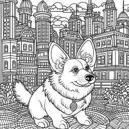 coloring pages for adults, Corgi, Quirky, In the style of Bravest Warriors, Urban city background, Excited Mood, Fine Lines, Low Detail, --ar 9:16