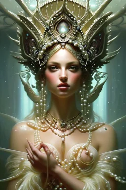 Beautiful Goddess covered in pearls and gems, a masterpiece by by Greg Rutkowski, Jeffrey Jones, Thomas Kinkade, Greg Olsen, beautiful spectacular textures, striking amazing light and shadows, remarkable dramatic setting, stunning unique reflections