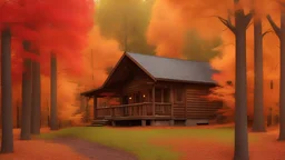 A cozy cabin in the woods surrounded by colorful autumn leaves