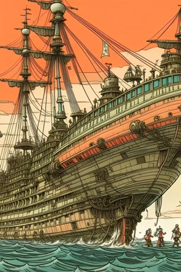 Draw a giant war ship with coloured