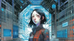 An illustration by Monet and Miyazaki of a tech-girl inside a futuristic matrix-grid.