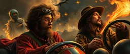 gokart mozart and stevie wonder bewildered looks beyond really powerful, fantasy illustration in the style of Rembrandt